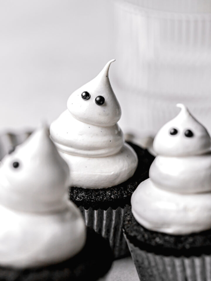 chocolate caramel cupcakes with meringue ghosts