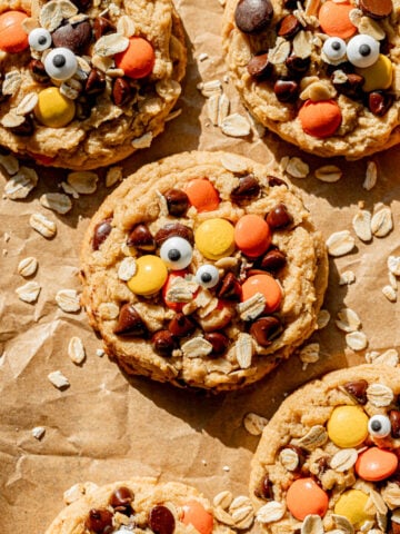 monster cookies on baking sheet.