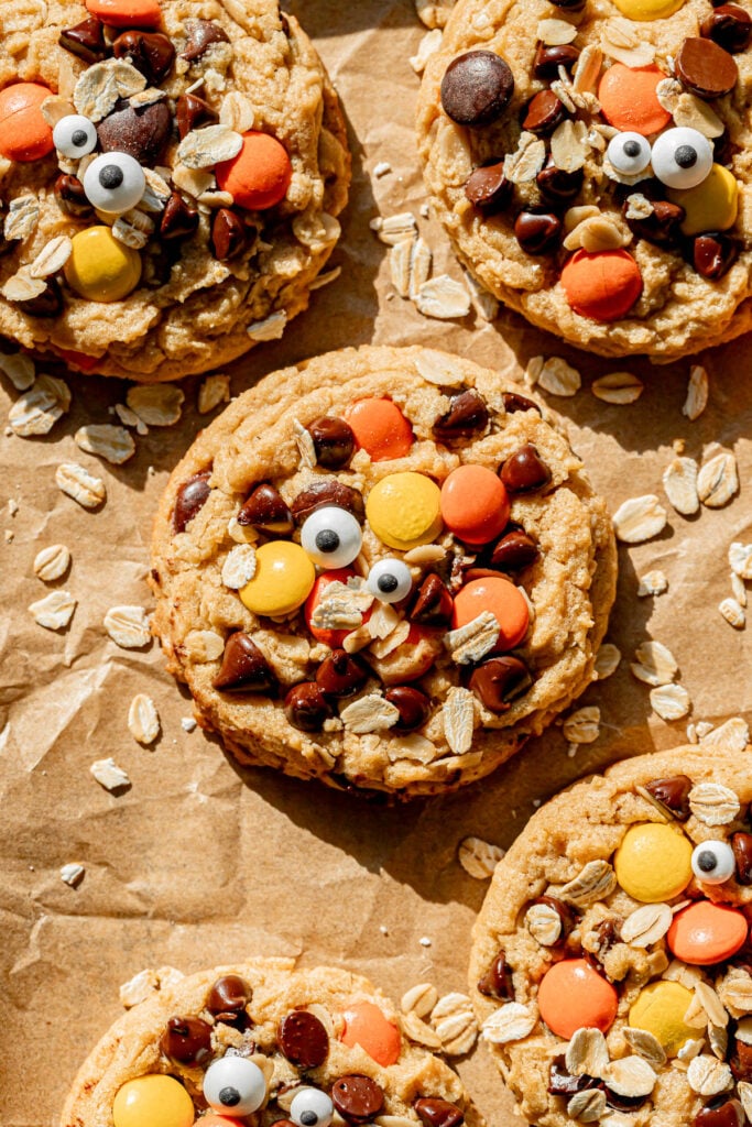 monster cookies on baking sheet.