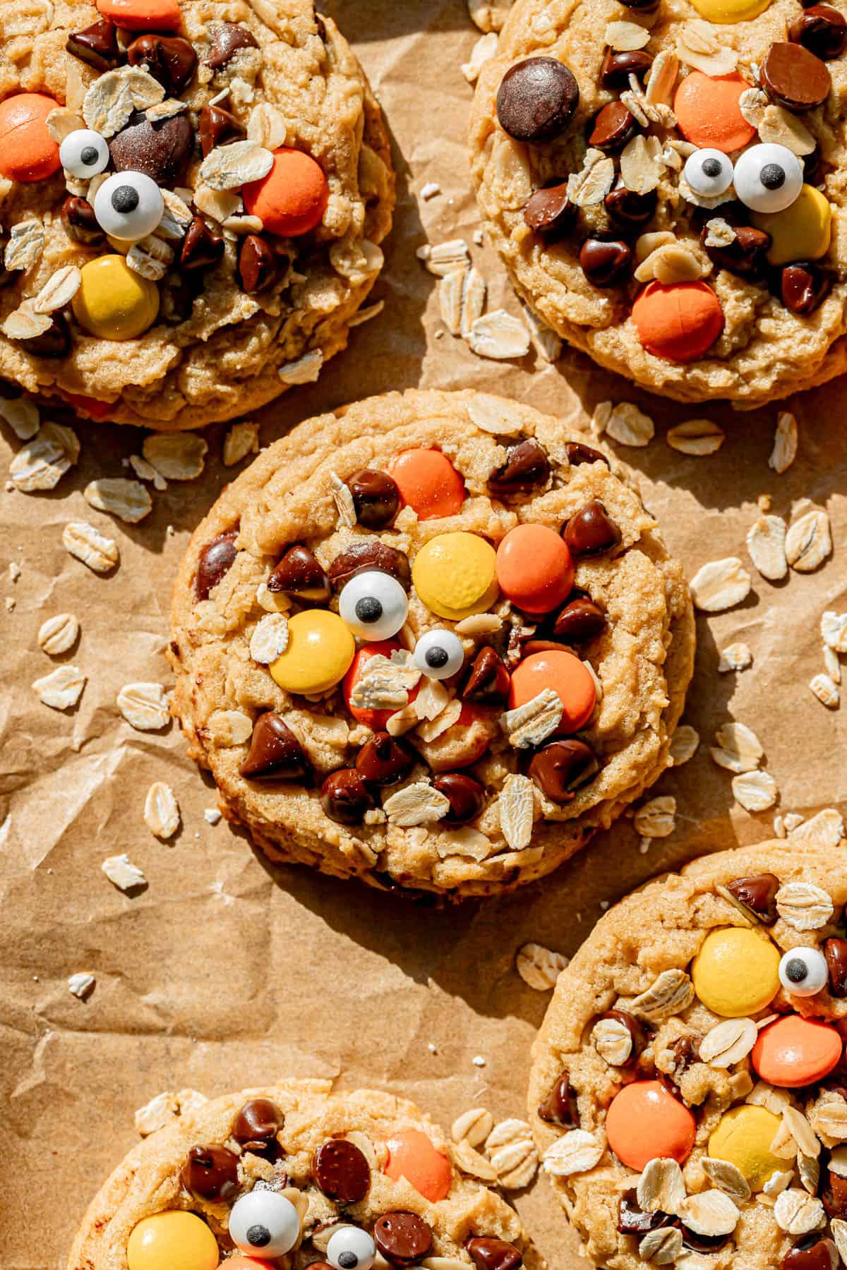 monster cookies on baking sheet.