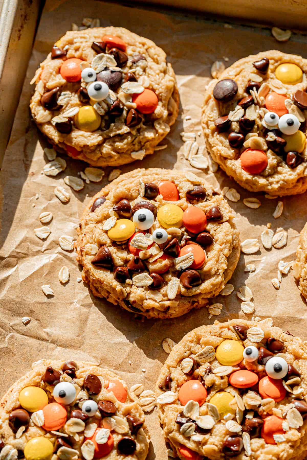 monster cookies decorated with candy eyes.