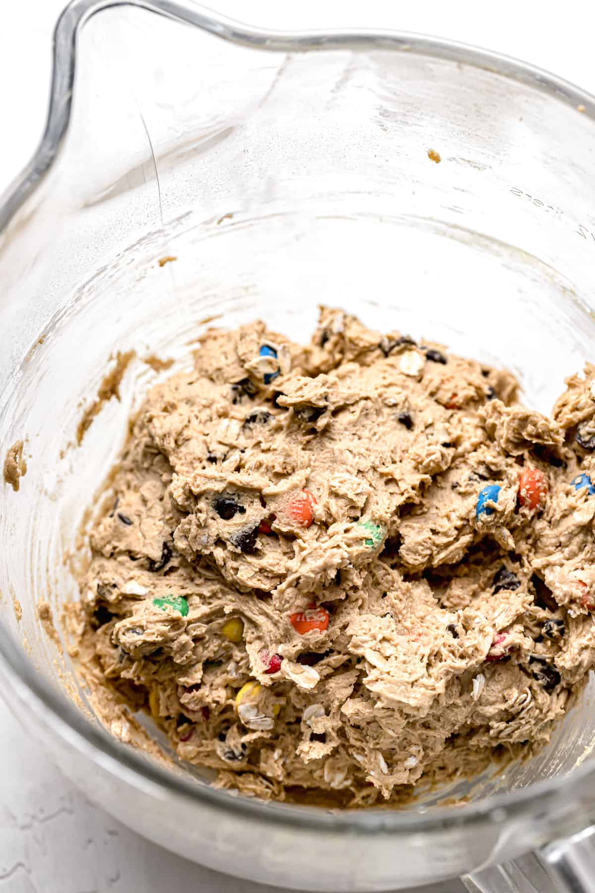 cookie dough in glass mixing bowl