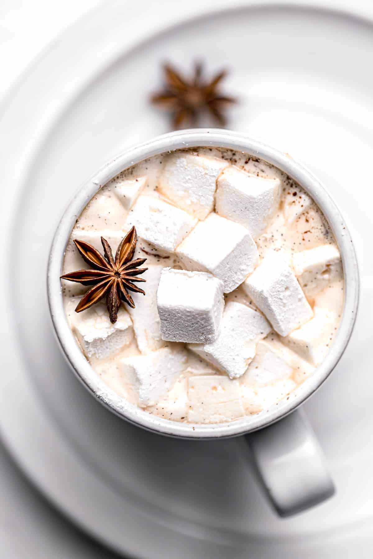 mini marshmallows in a mug of hot chocolate.