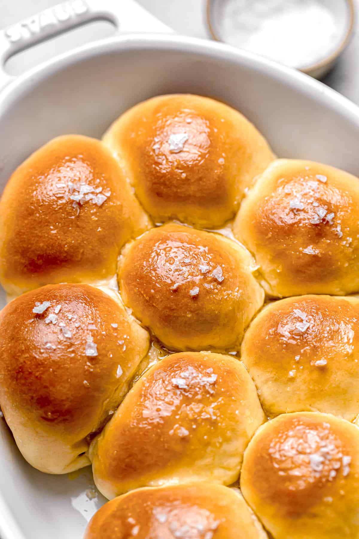 baked salted honey milk bread rolls.