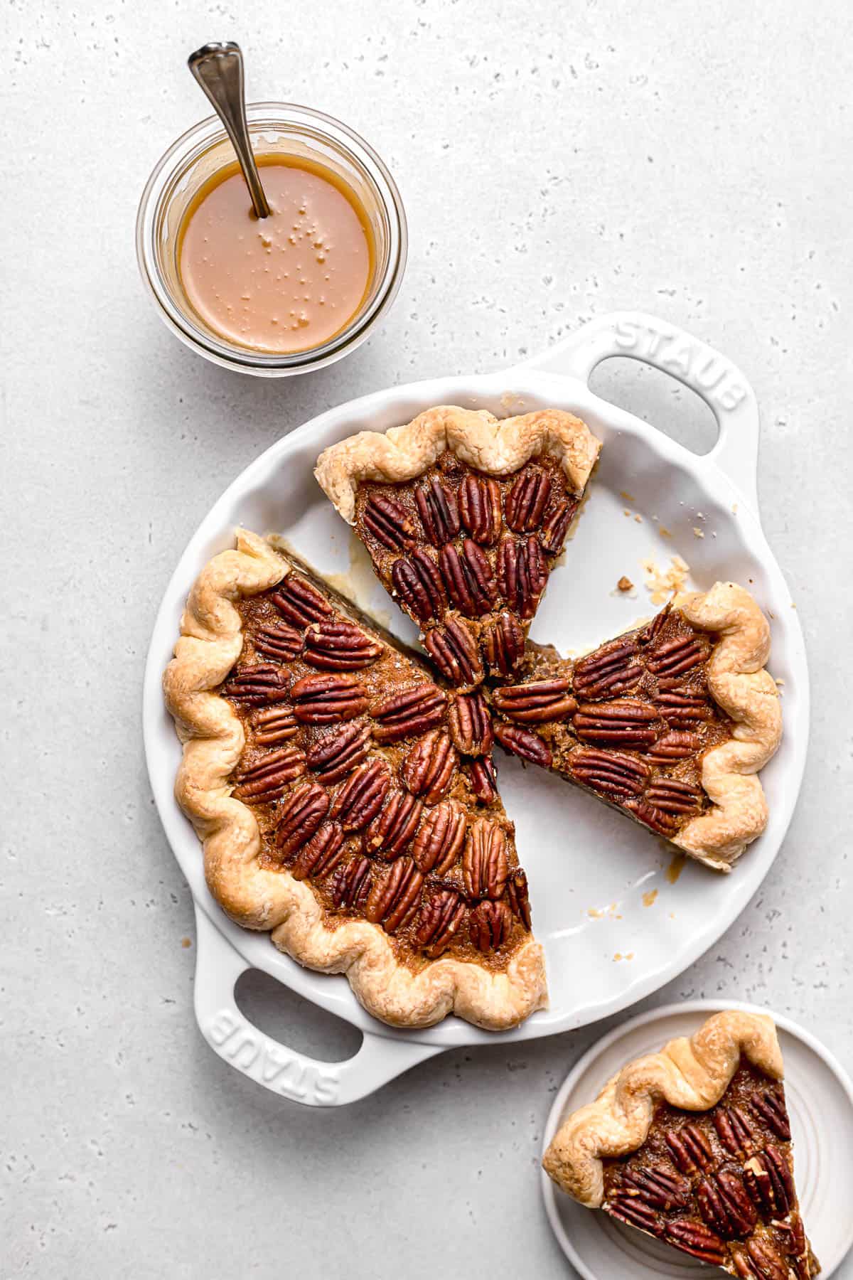 pecan pie without corn syrup cut in pie dish
