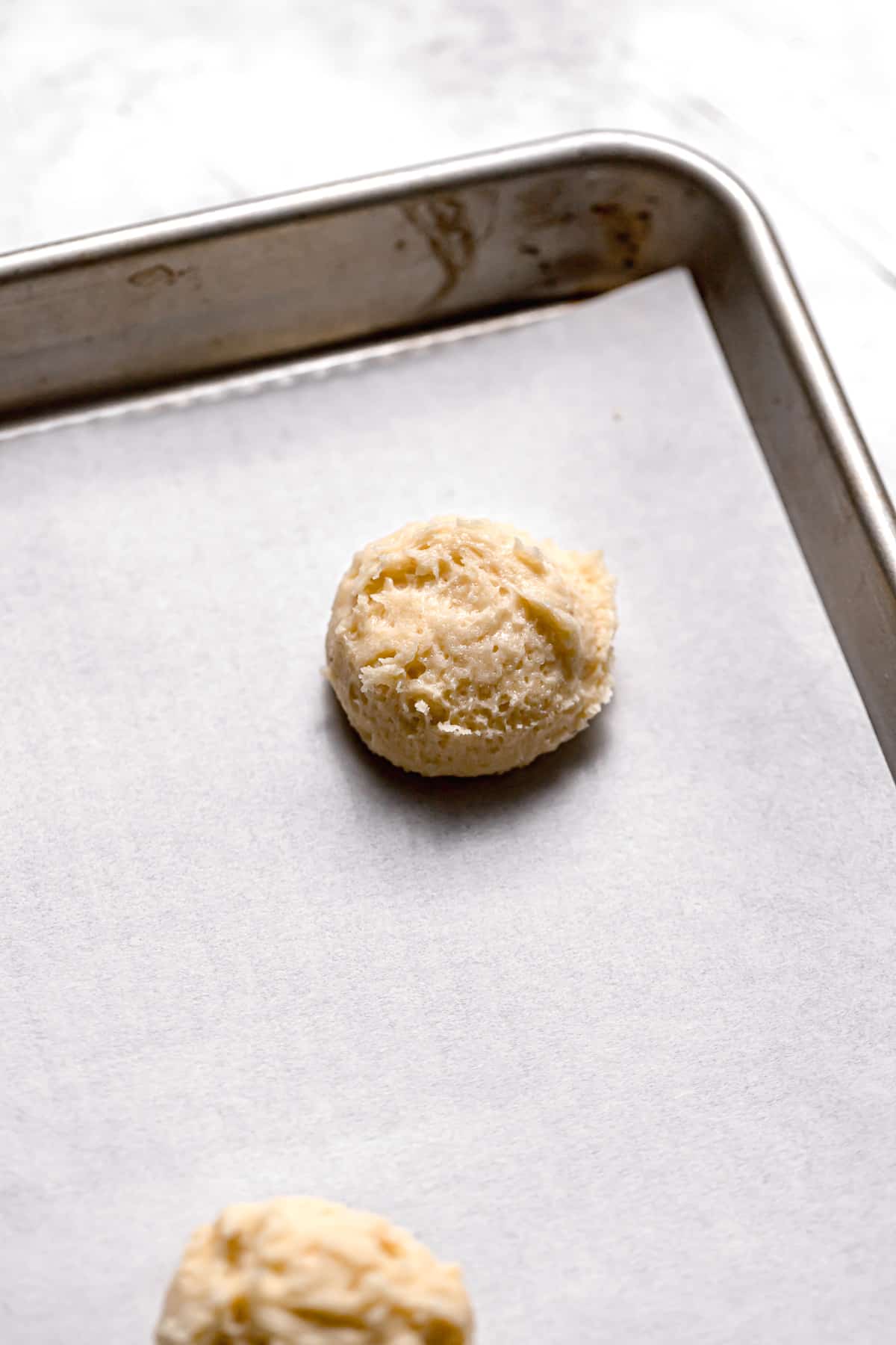 cookie dough on baking sheet.