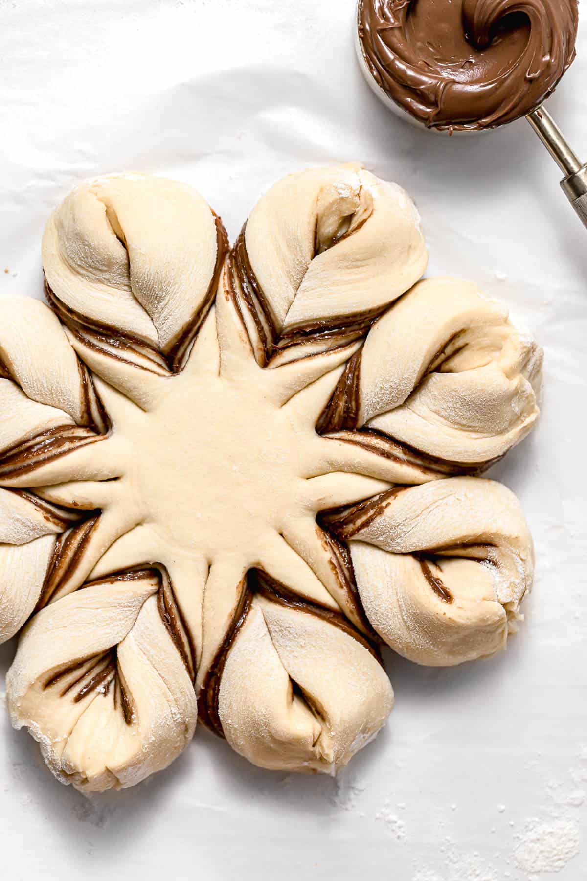 closeup of proofed nutella star bread
