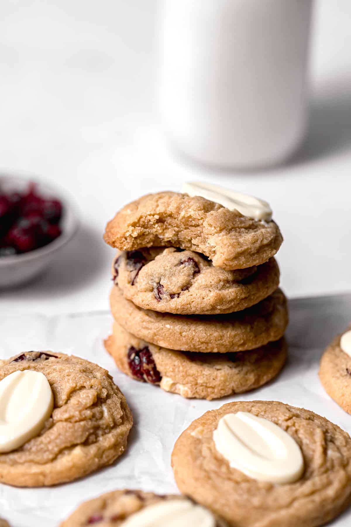stacked white chocolate cranberry cookies.