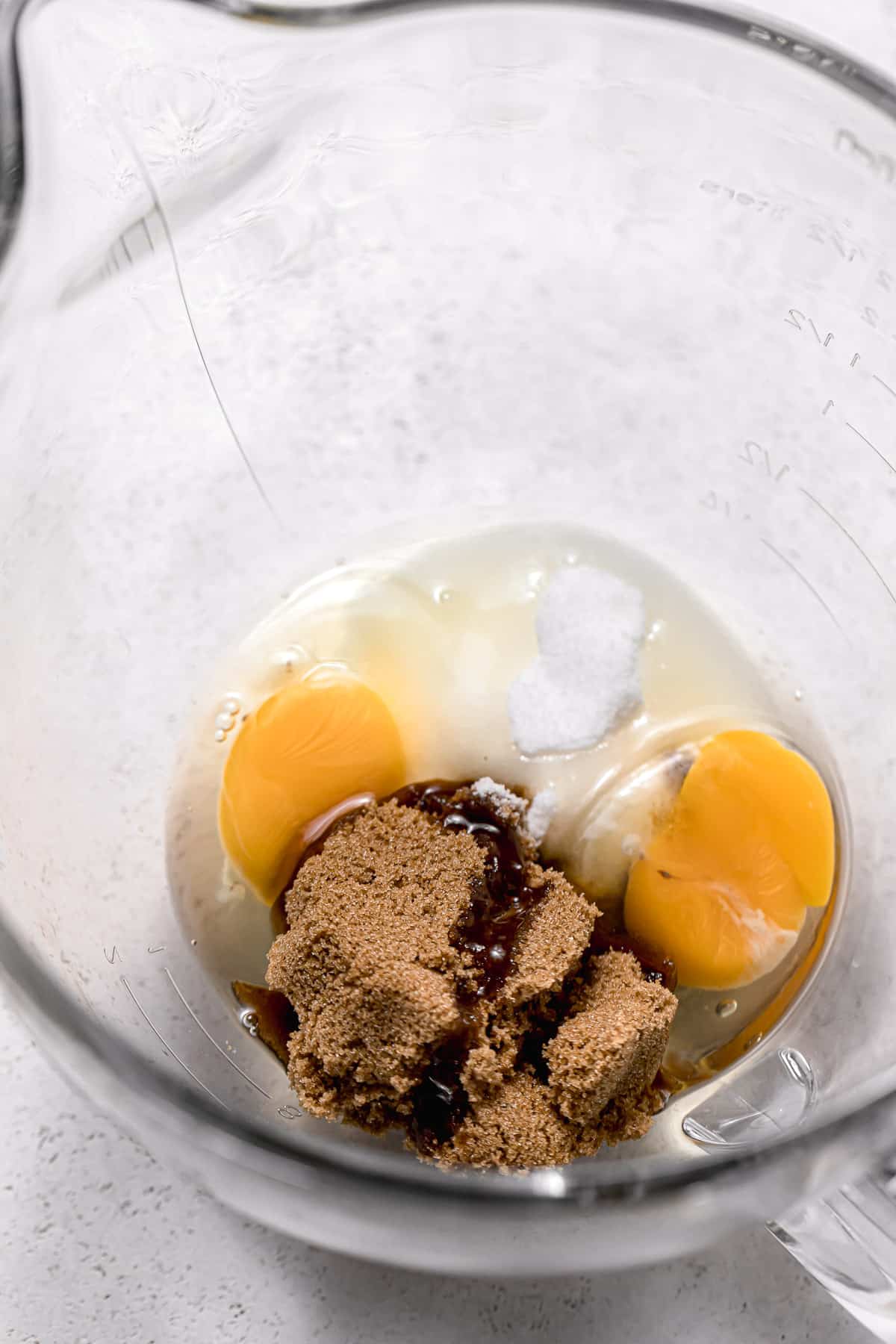 sugars and eggs in mixing bowl.