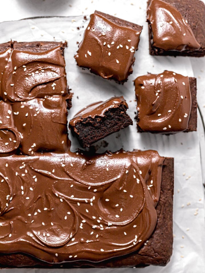 tahini brownies with four pieces cut and pulled away