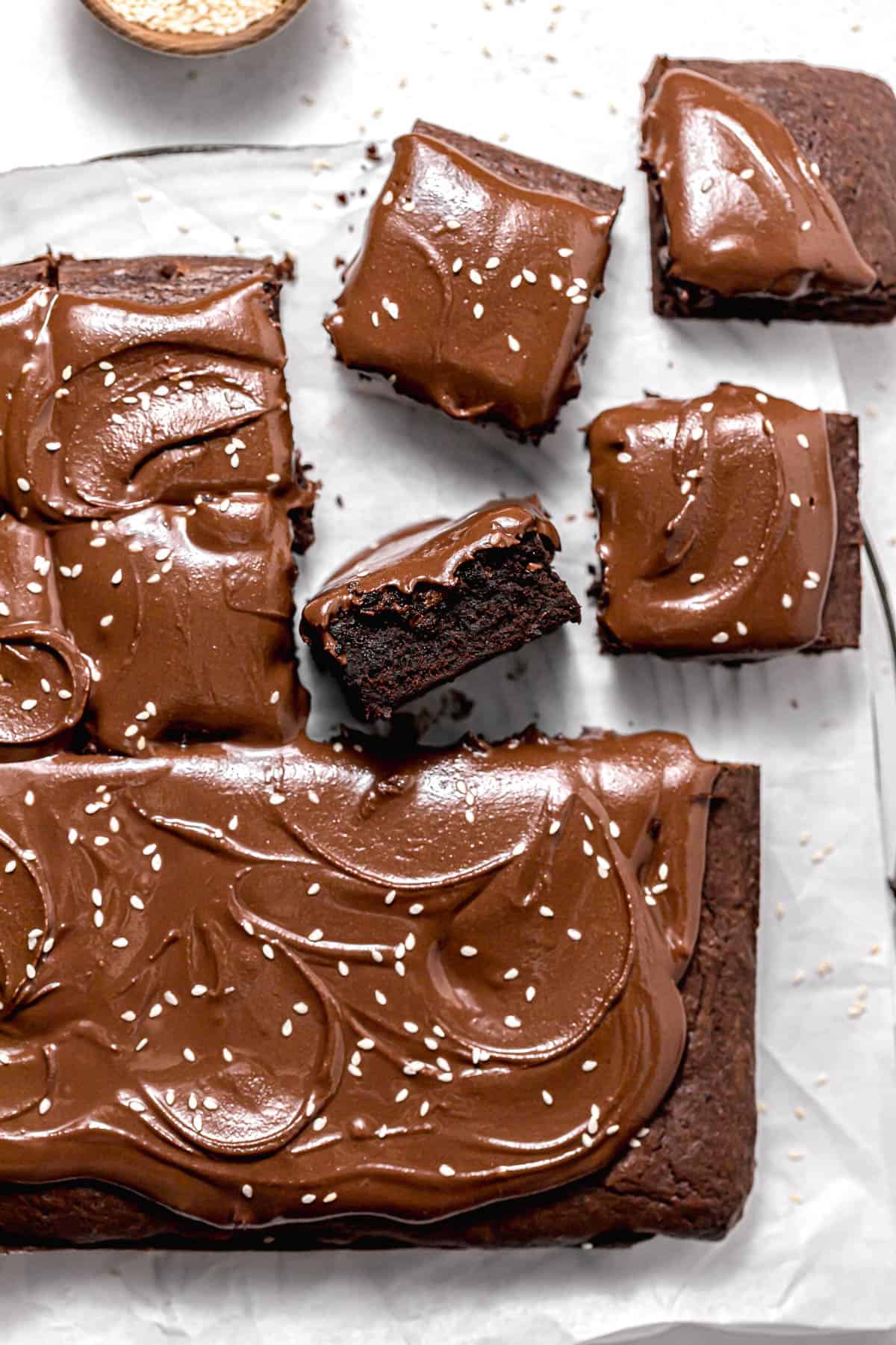 tahini brownies with four pieces cut and pulled away