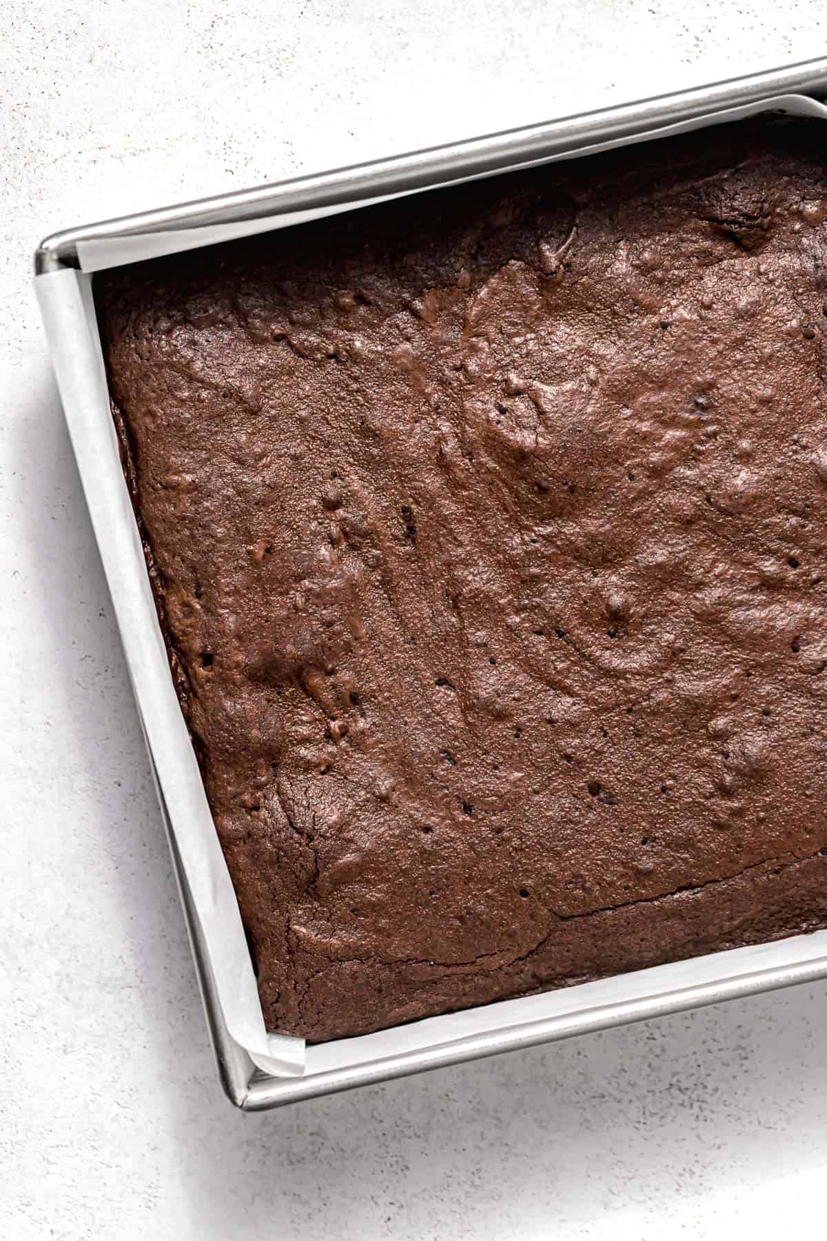 baked brownies in square pan.