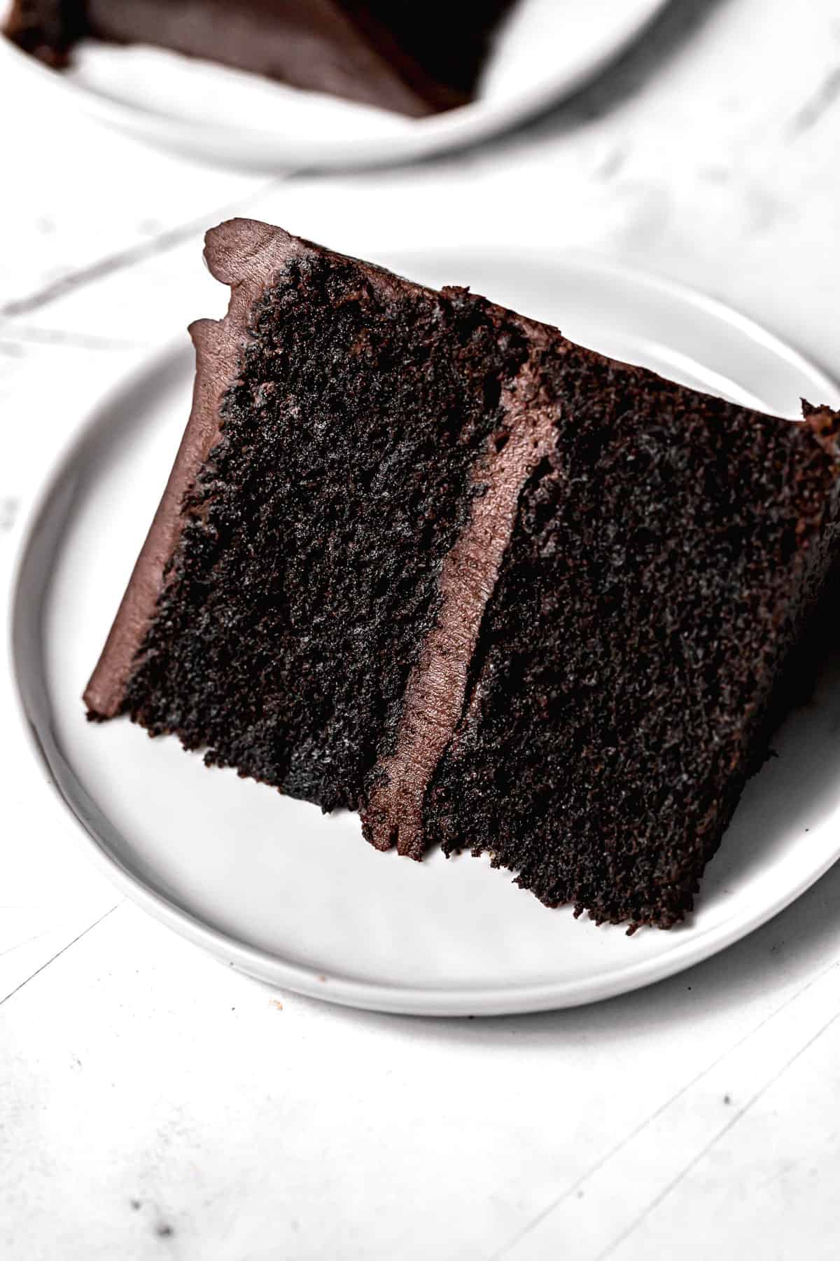 slice of chocolate fudge cake on white plate.
