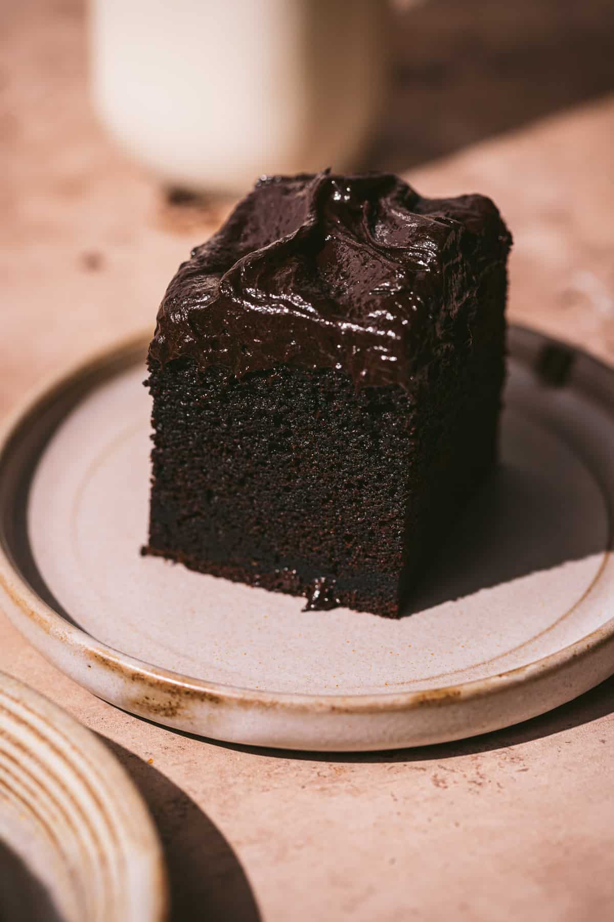 one piece of chocolate malt cake on plate.