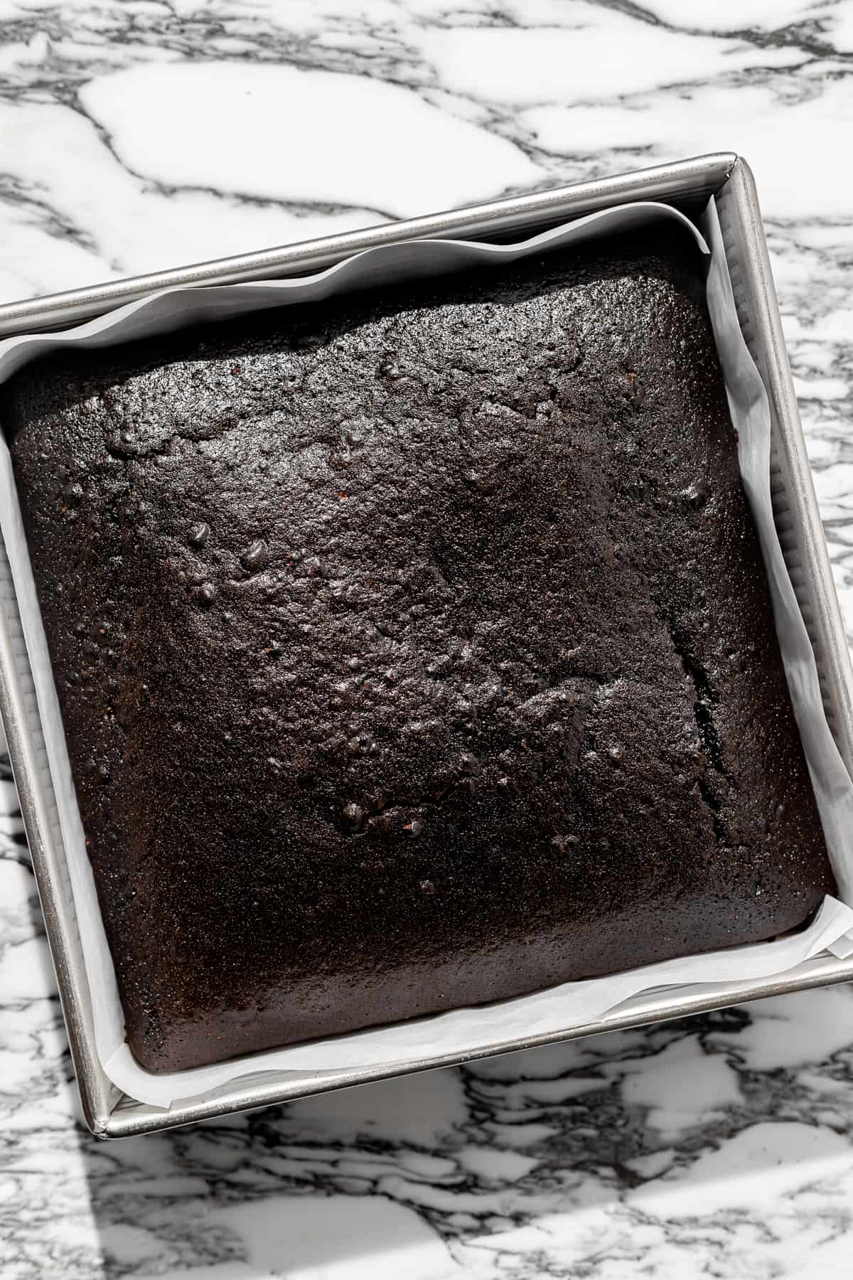 baked cake in square pan.
