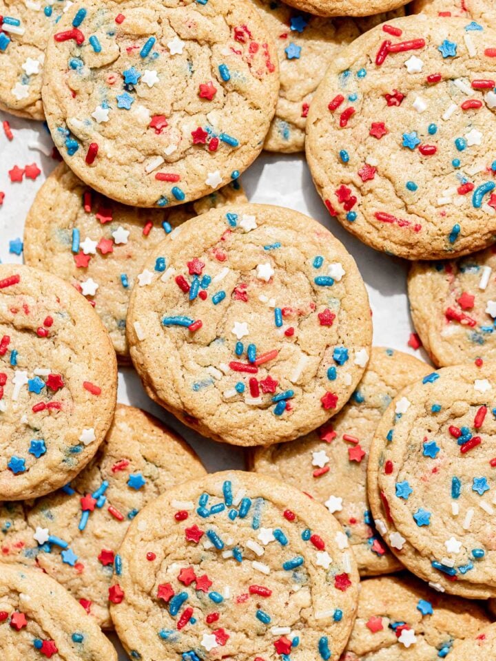 4th of July cookies on baking sheet.