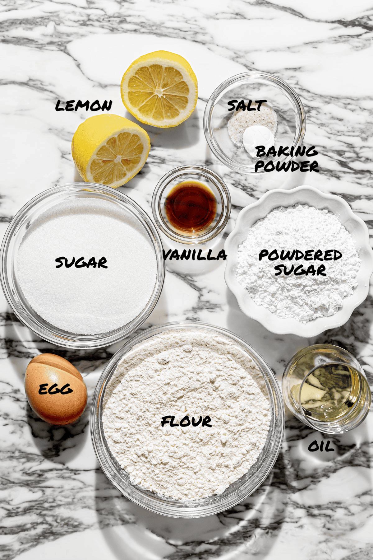 ingredients for lemon crinkle cookies.