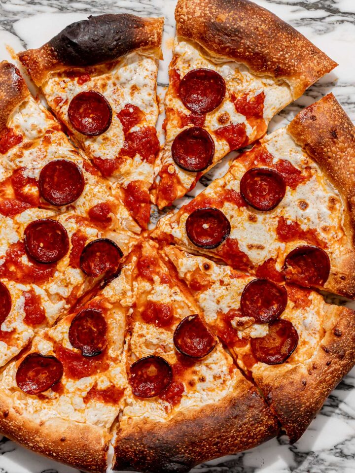 New York style pepperoni pizza cut into 8 slices.
