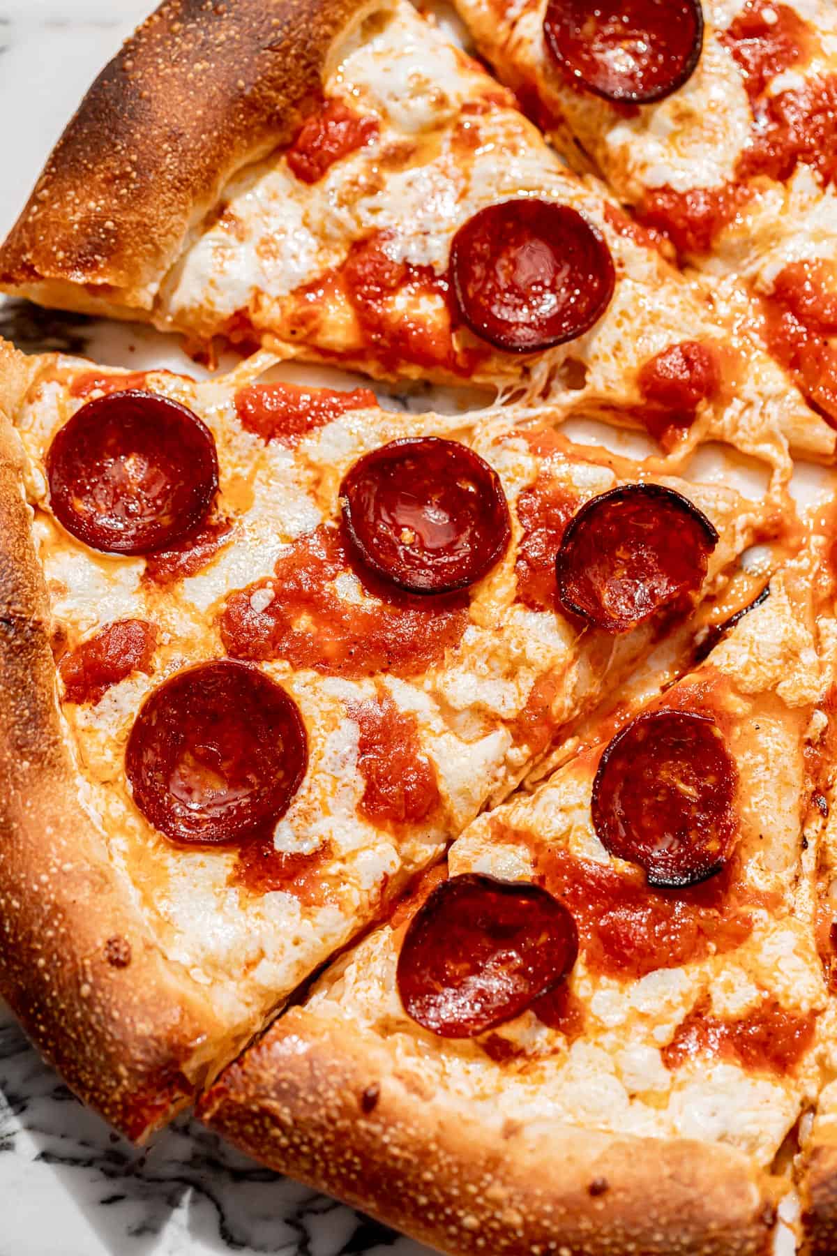 pepperoni pizza recipe cut into slices.