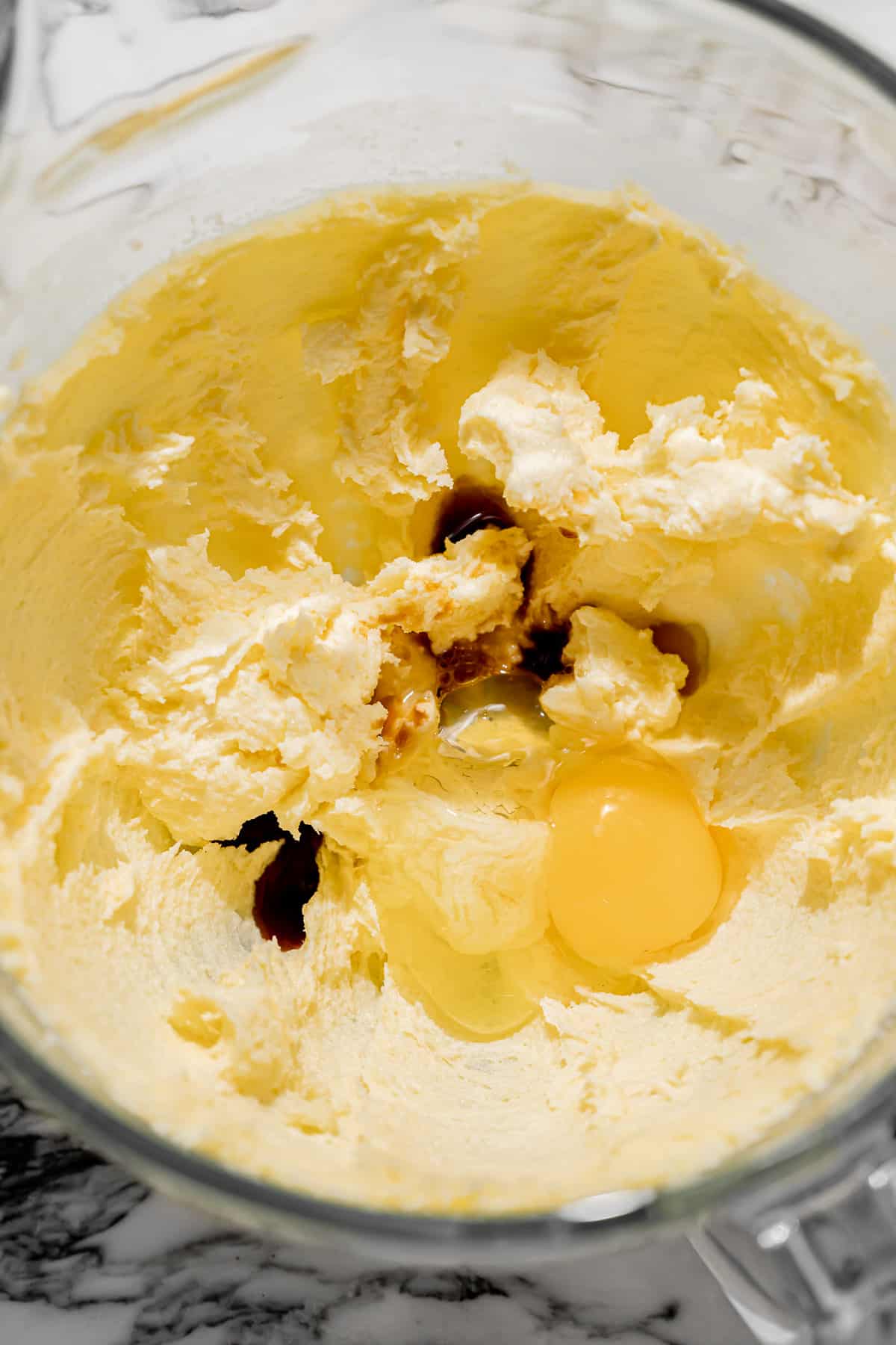 egg and vanilla added to creamed butter and sugar. 