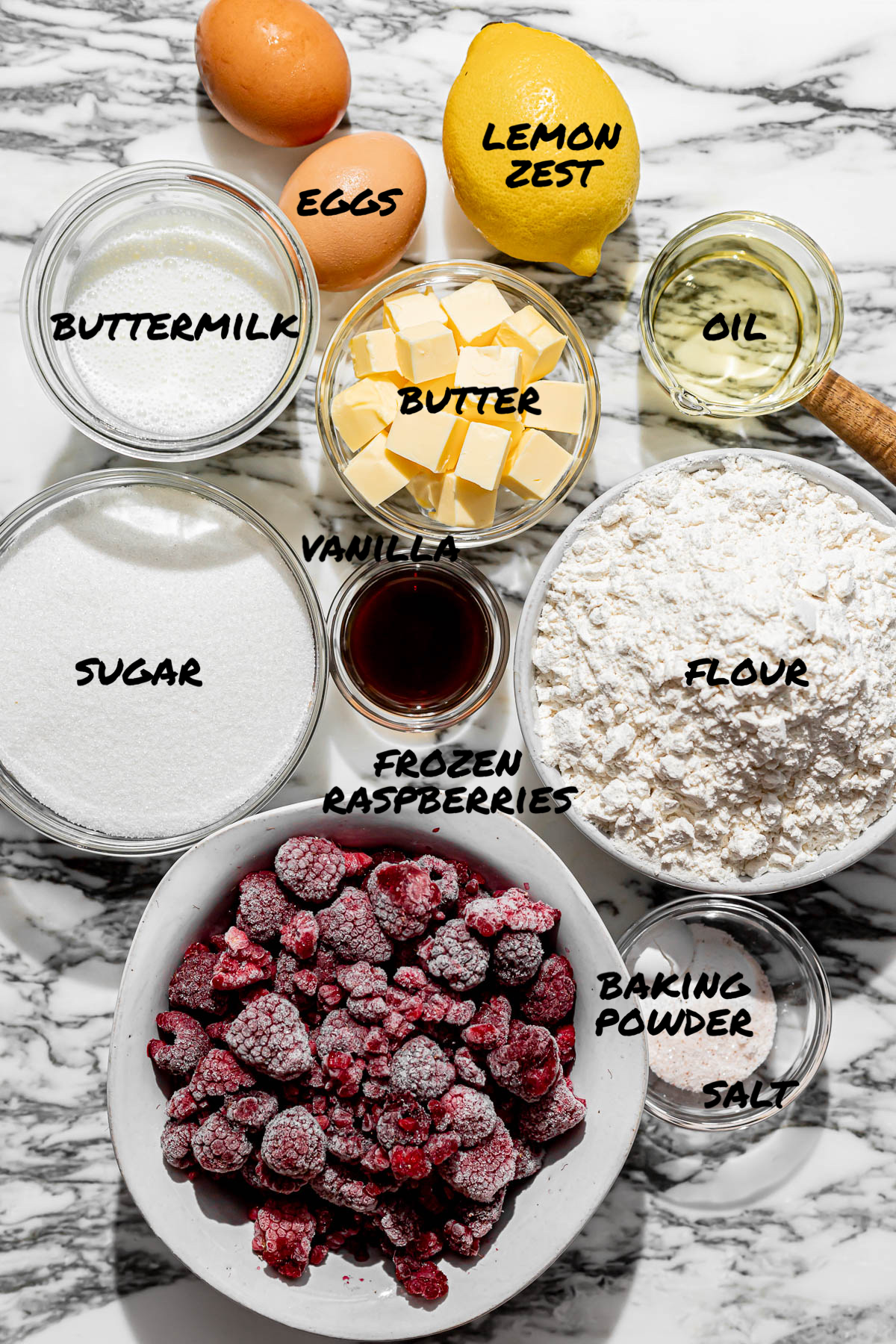 ingredients for lemon raspberry muffins.