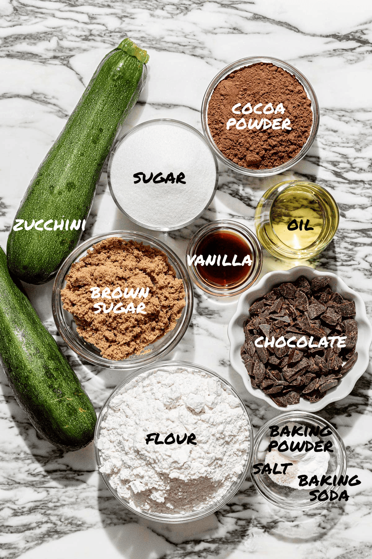 ingredients for chocolate zucchini bread. 