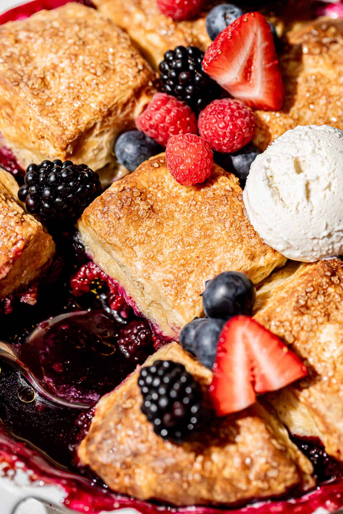 mixed berry cobbler with buttermilk biscuits. 