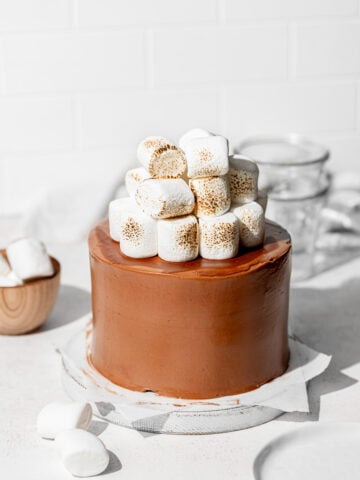 s'mores cake with marshmallows on white wooden board.