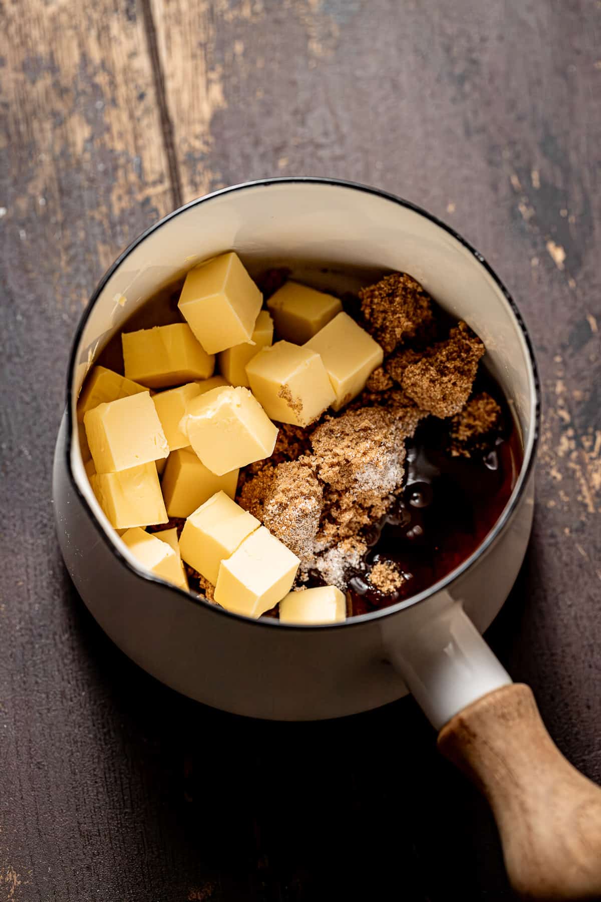 ingredients for maple brown sugar goo in small saucepan.