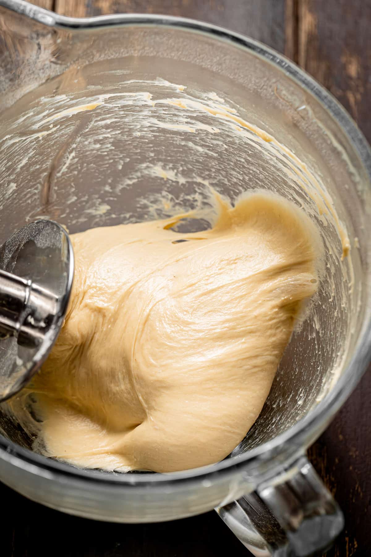 brioche dough in mixing bowl.