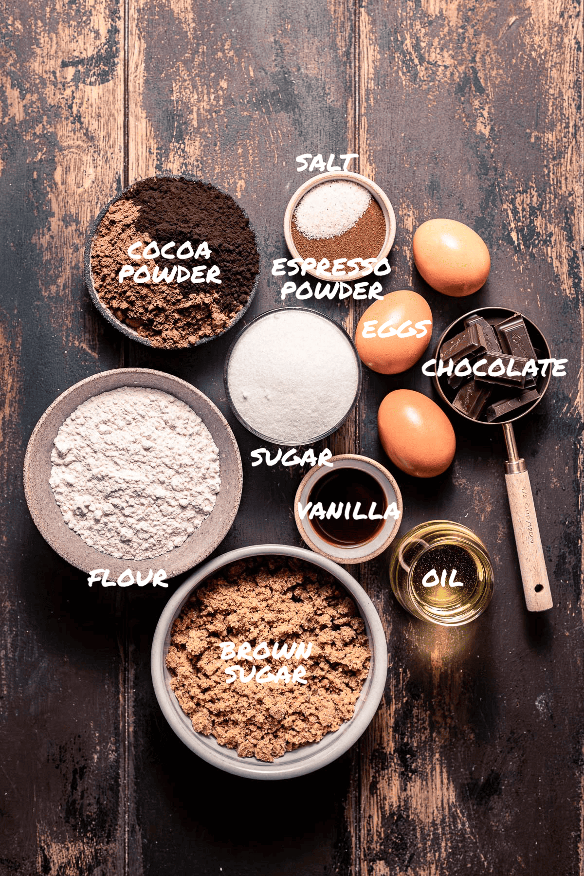 ingredients for fudgy espresso brownie bites.