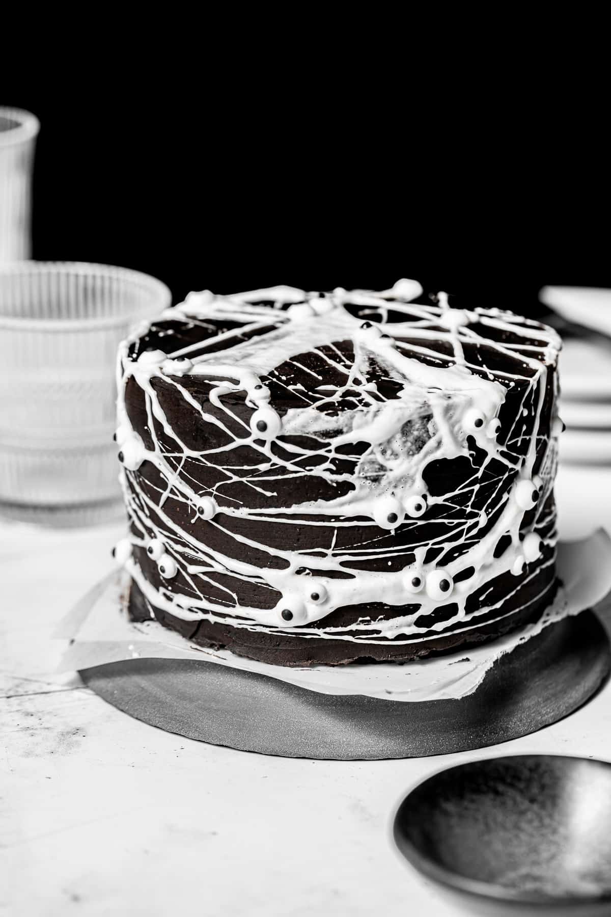 spider web cake on plate.