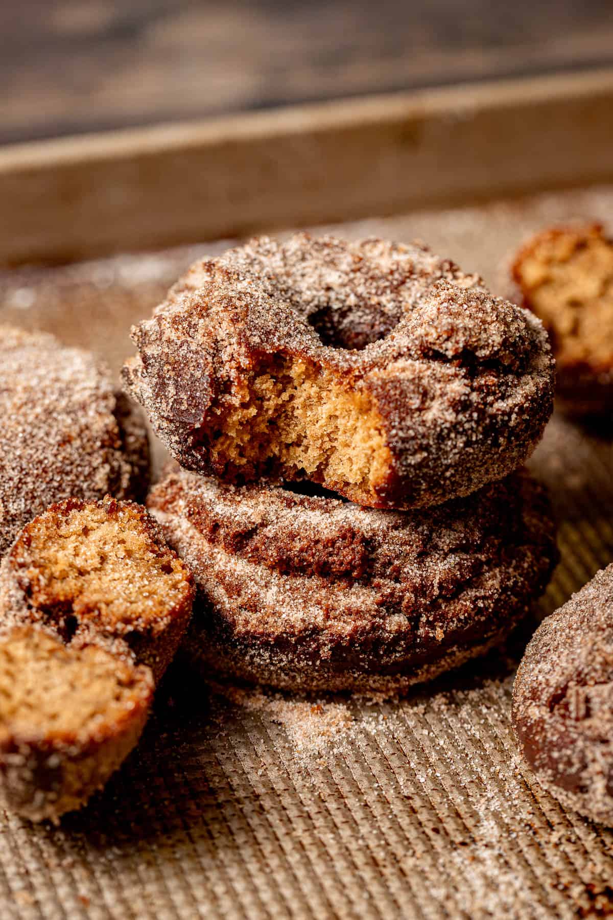 apple cider donuts stacked. 