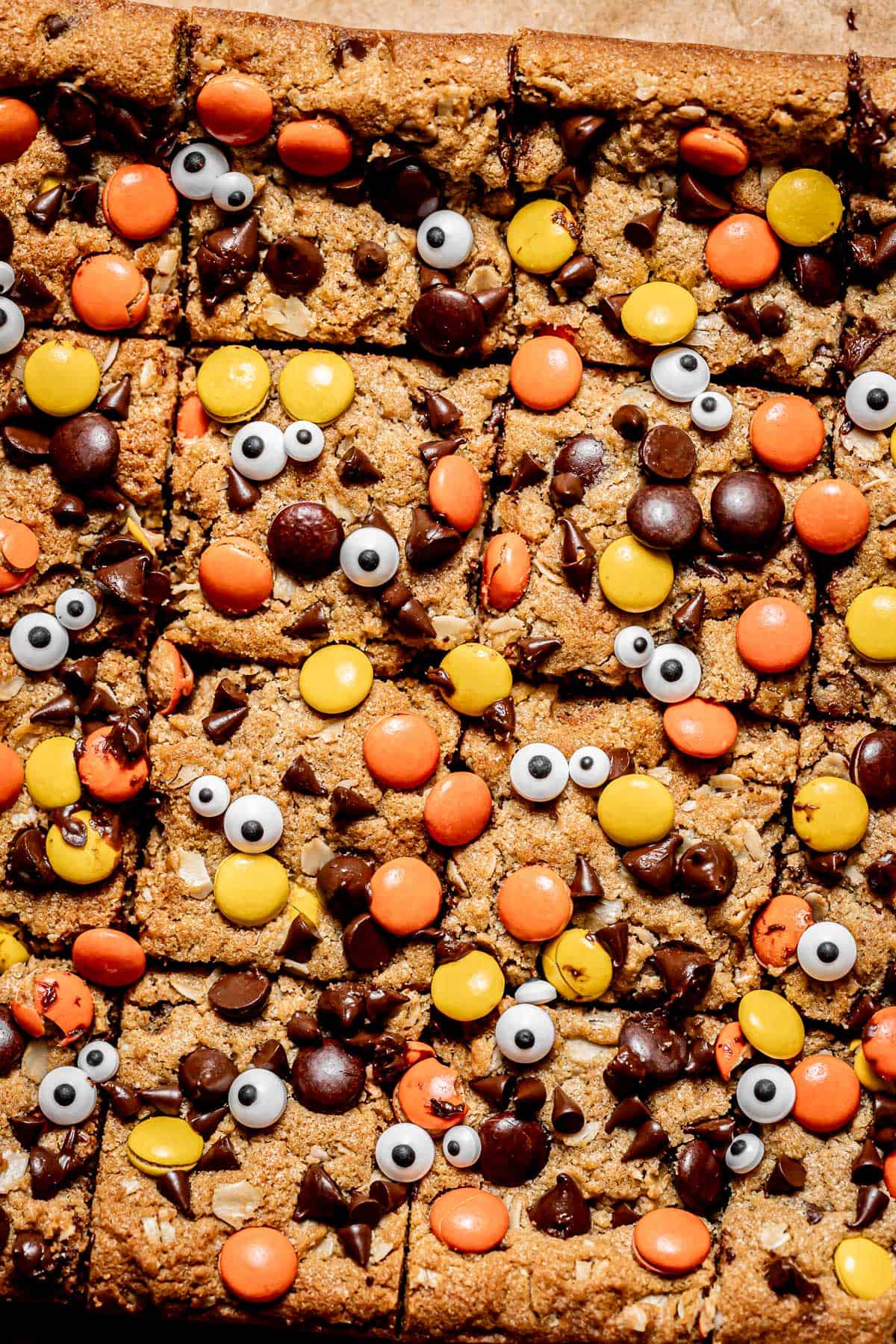 monster cookie bars cut into squares. 