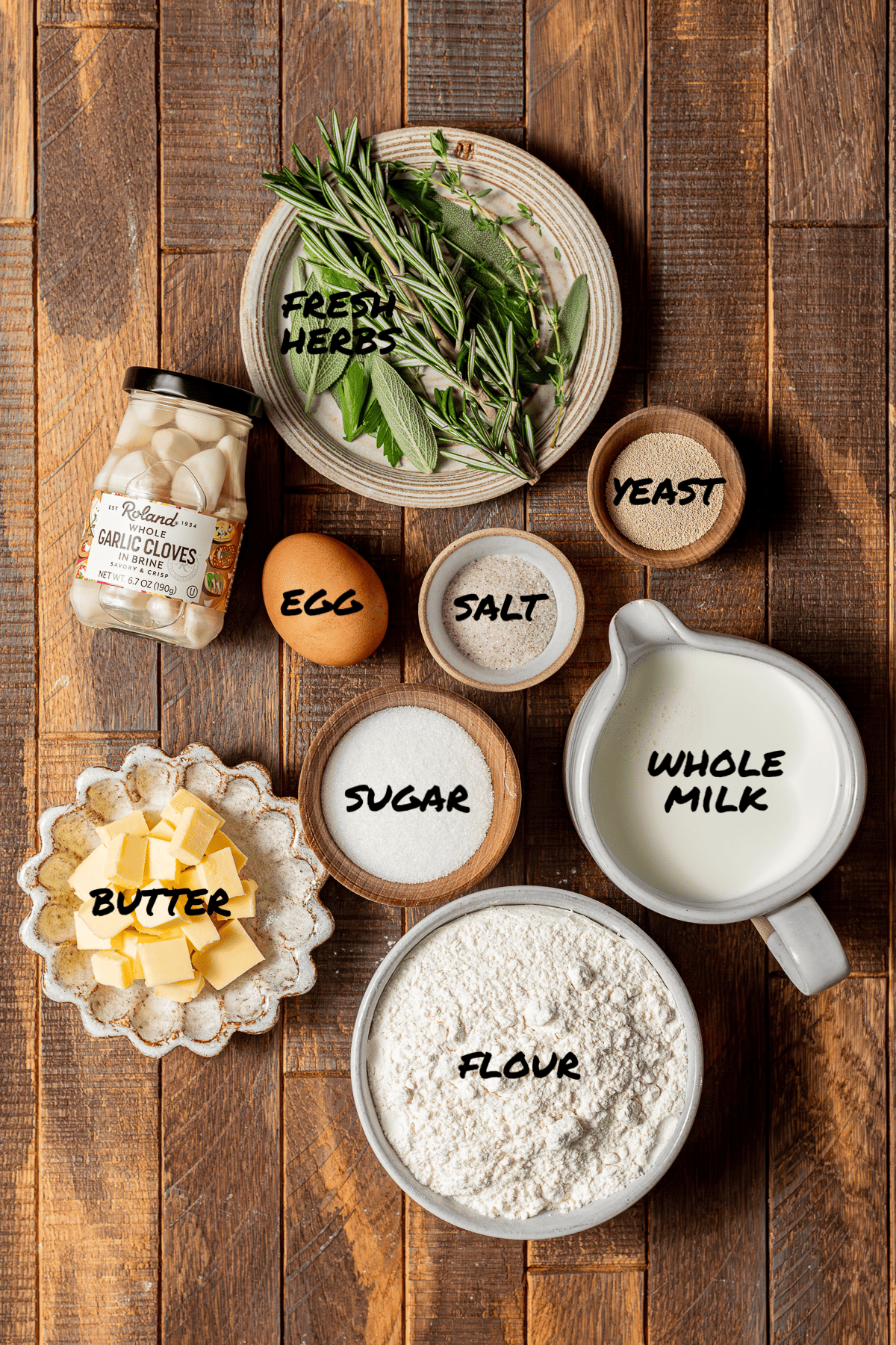 ingredients for garlic herb Parker house rolls.