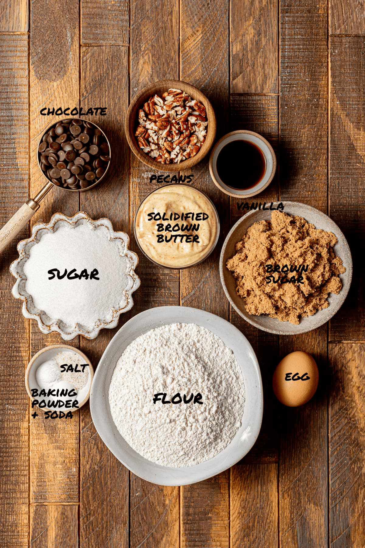 ingredients for chocolate chip pecan cookies.