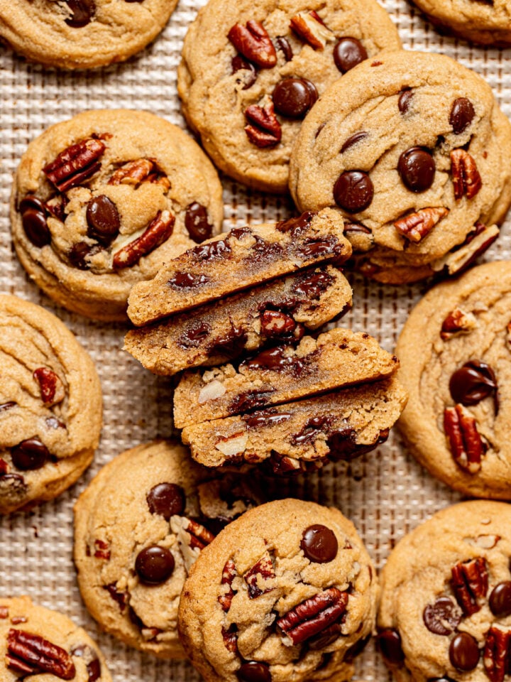 chocolate chip pecan cookies on baking sheet.