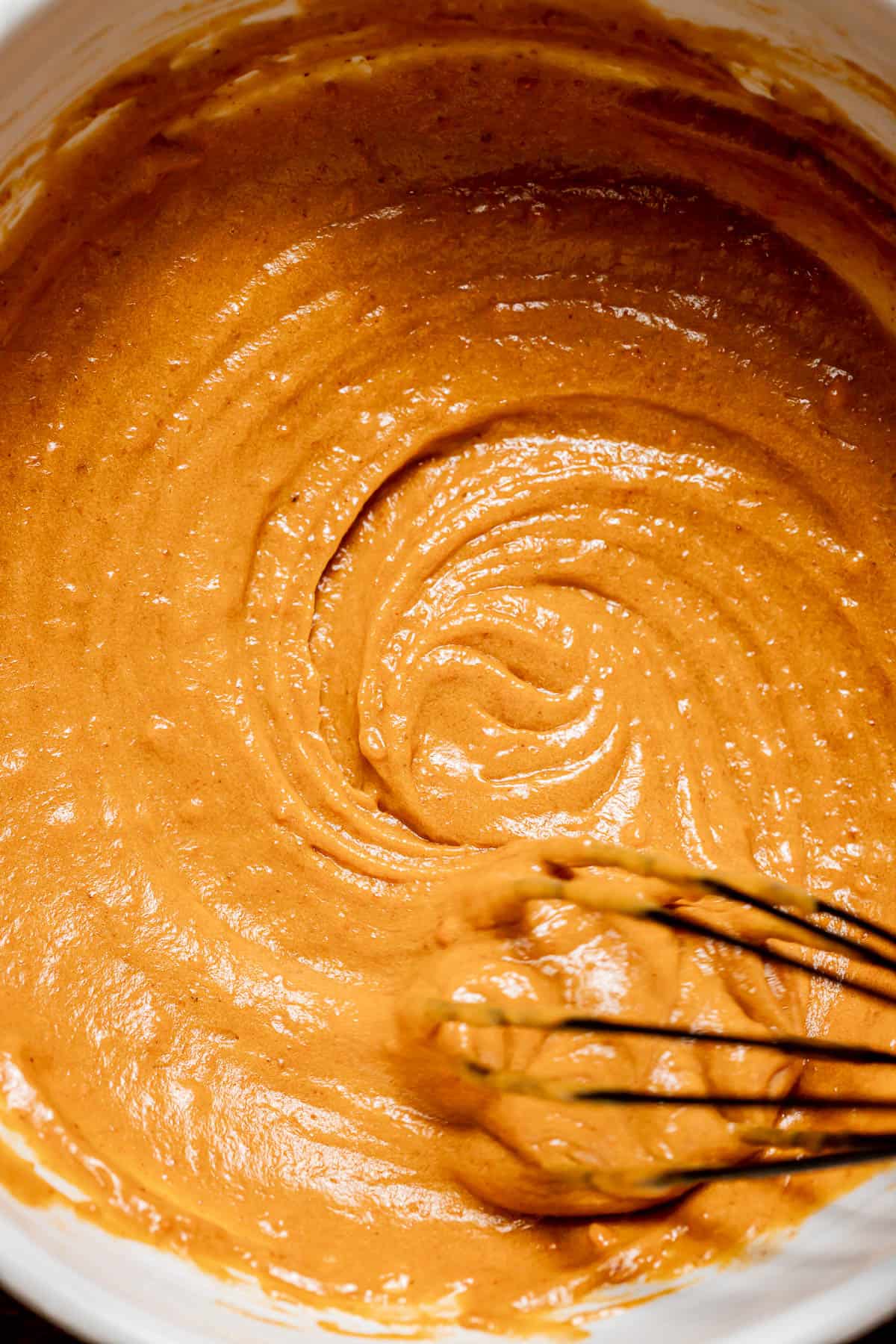 pumpkin snickerdoodle batter in bowl.