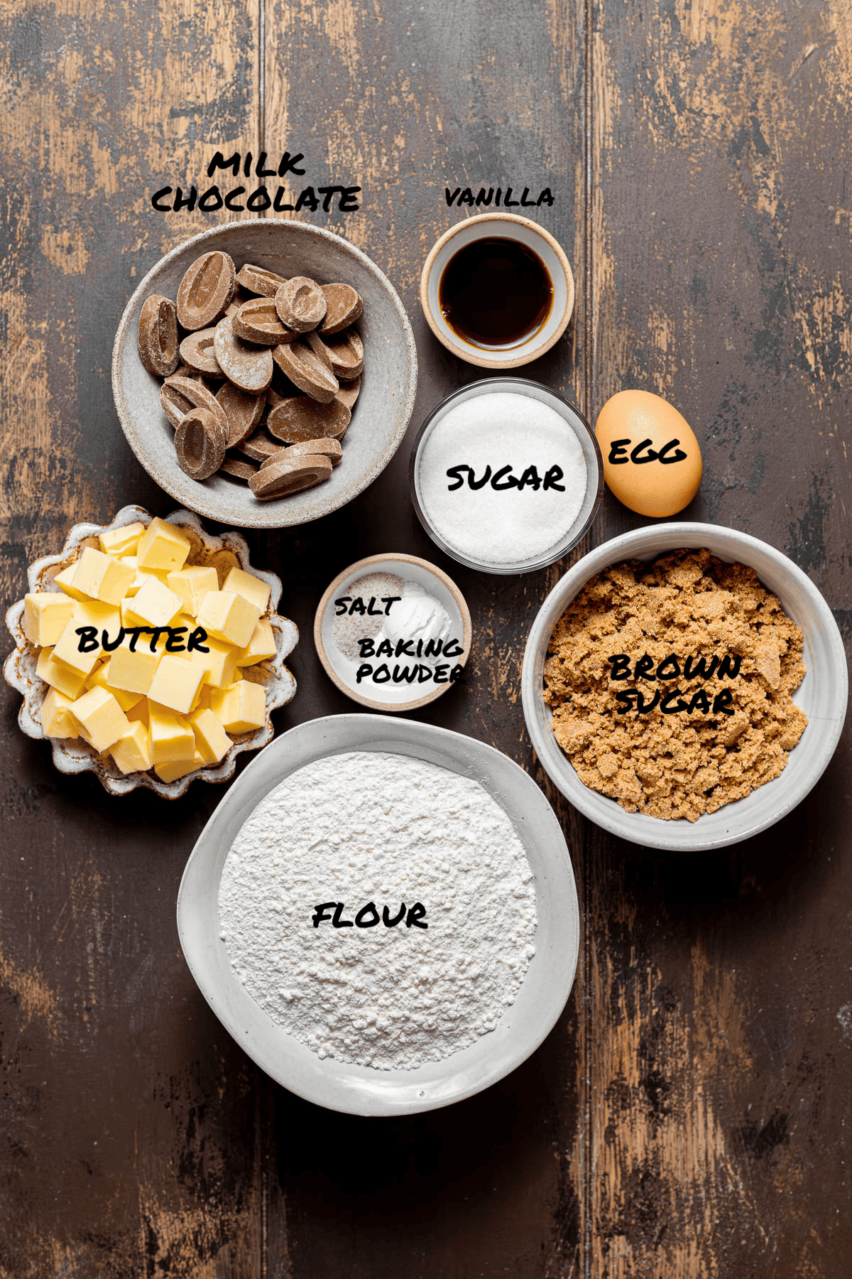 ingredients for chocolate chip toffee cookies.