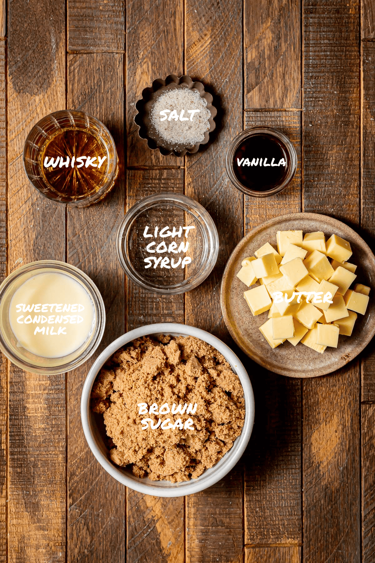 ingredients for salted whisky caramels.