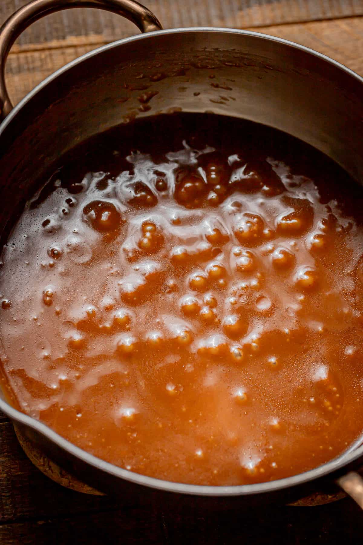 prepared caramel in sauce pot.
