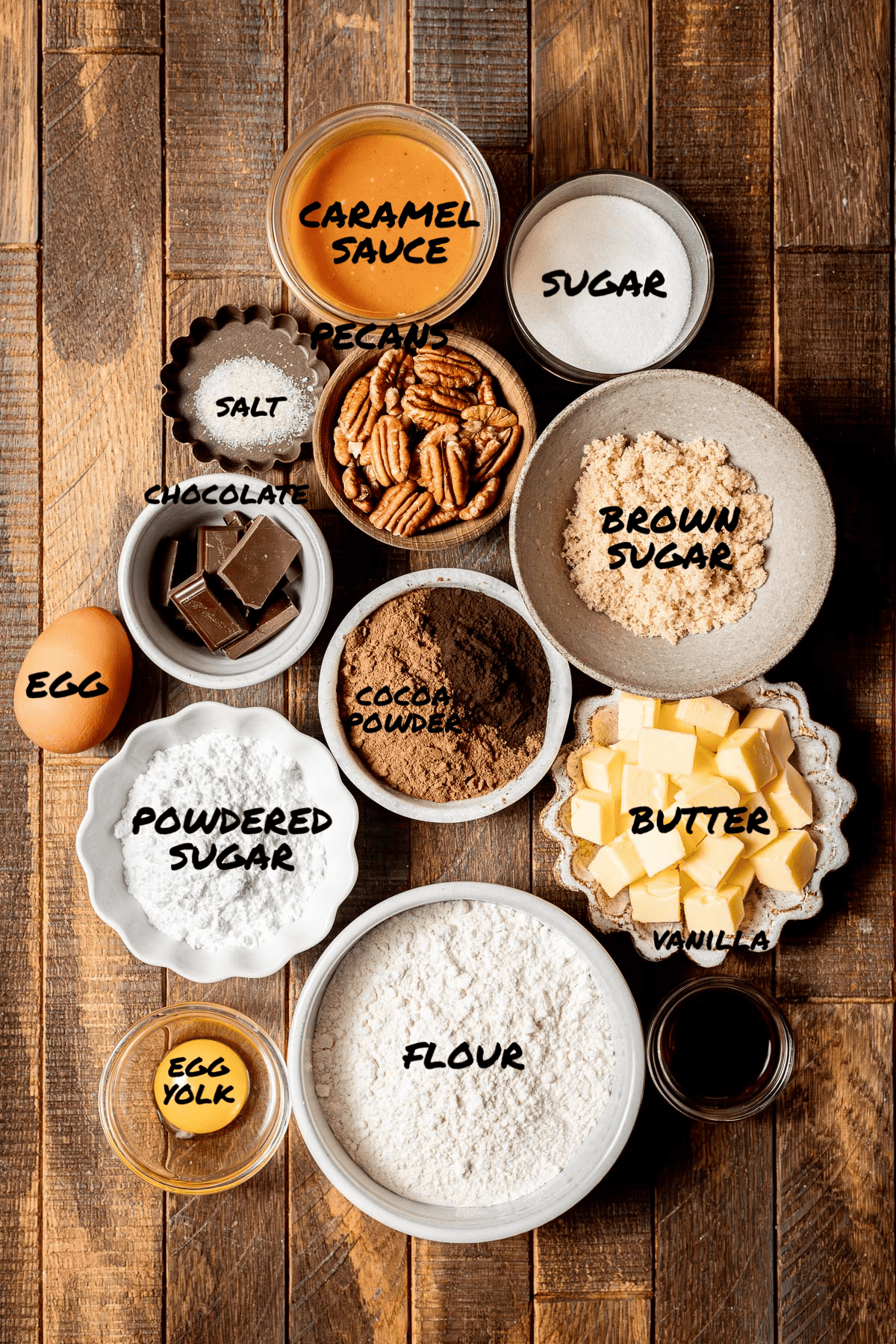 ingredients for turtle pecan pie brownies.