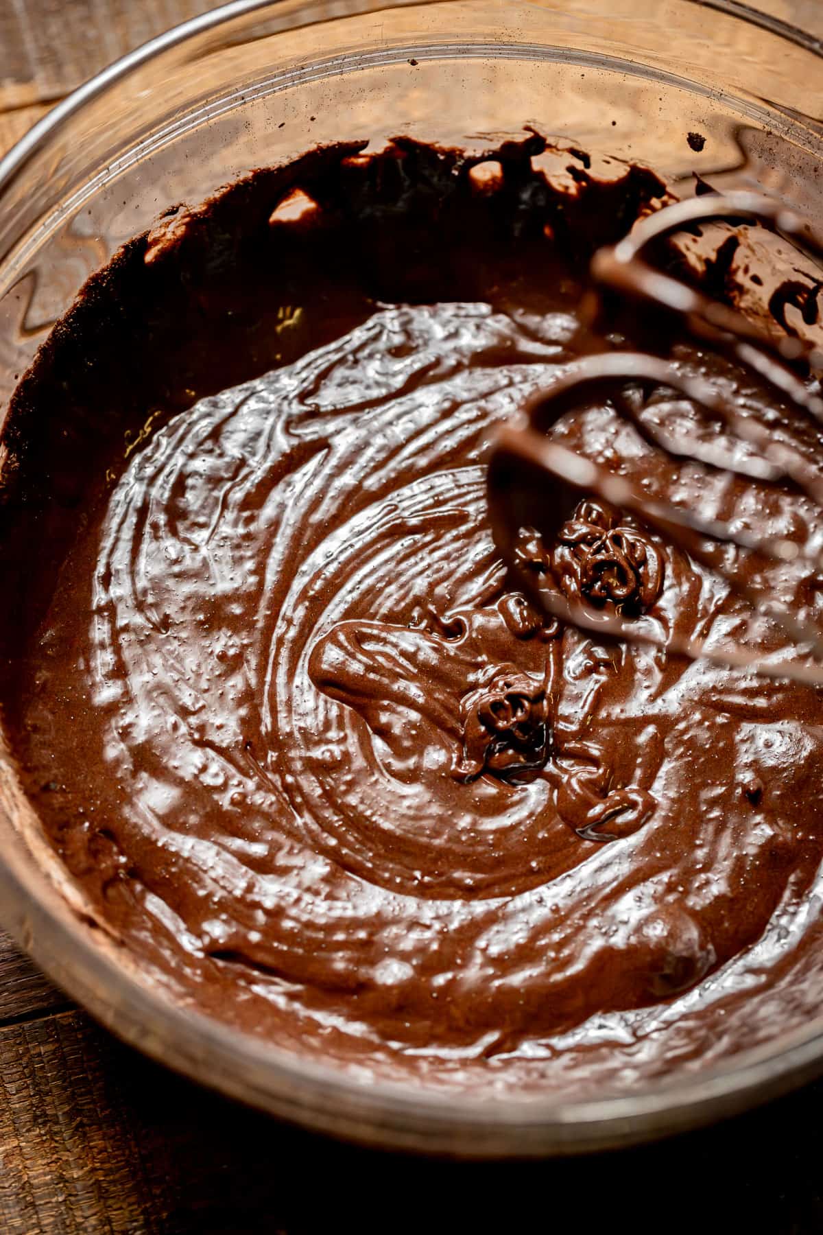 brownie batter in glass bowl.