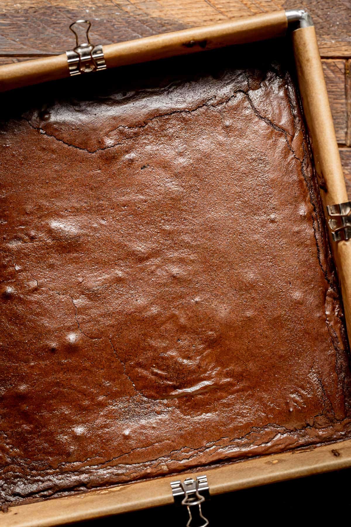 brownie layer baked in pan.