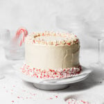 chocolate peppermint cake on white cake stand.