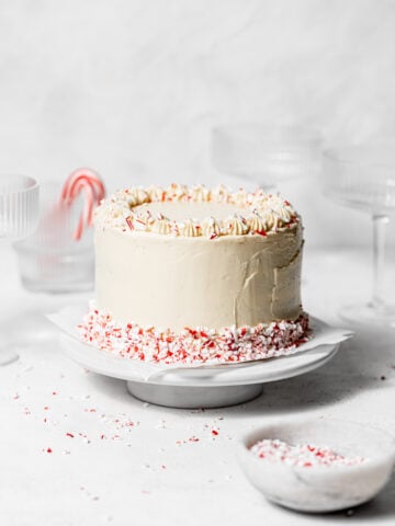 chocolate peppermint cake on white cake stand.