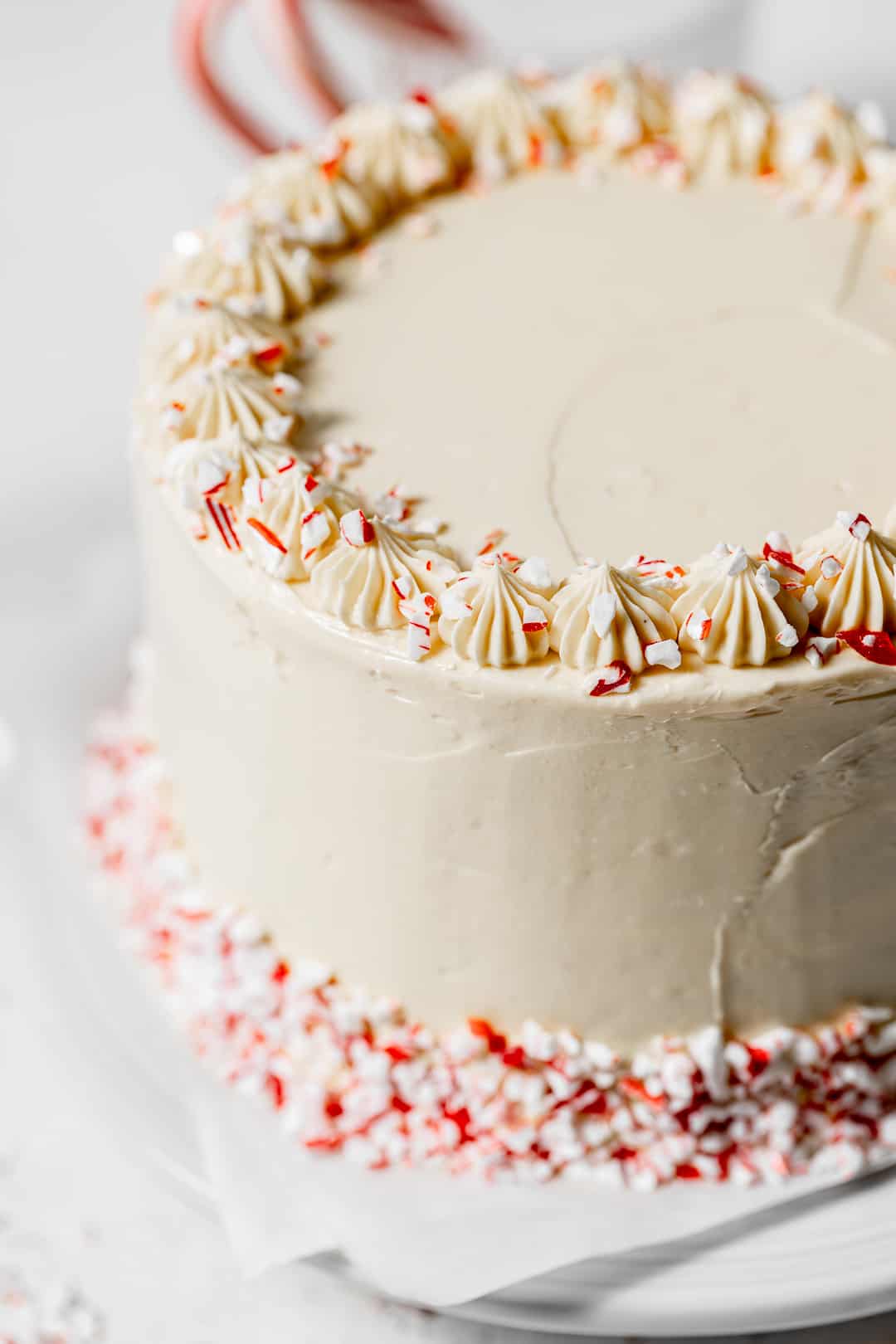 close up of chocolate peppermint cake on white cake stand.
