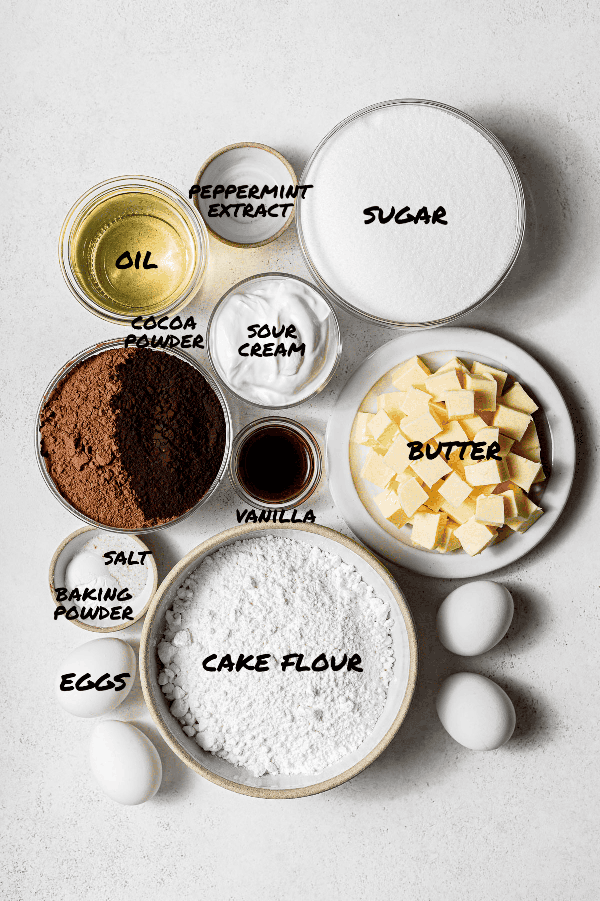 ingredients for chocolate peppermint cake donuts.