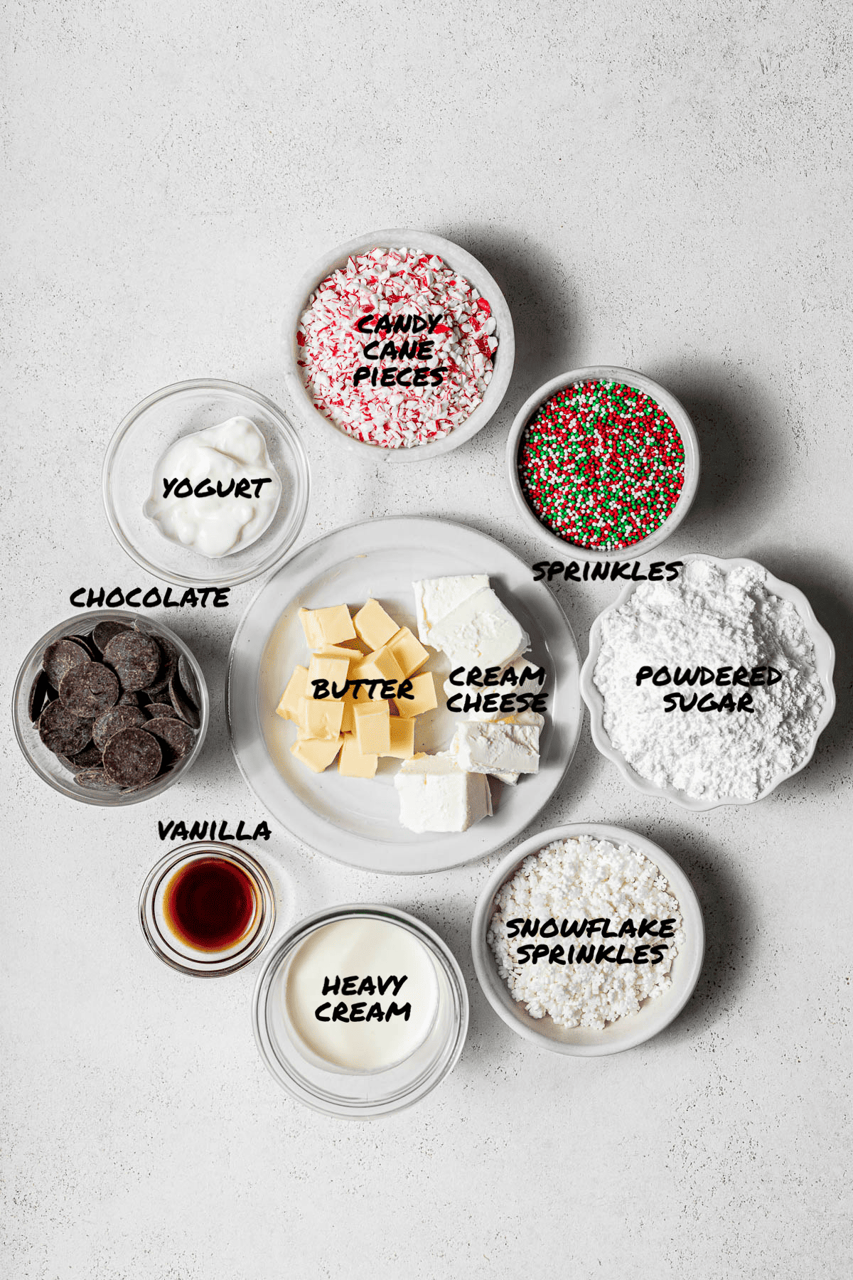 ingredients for donut glazes and toppings.