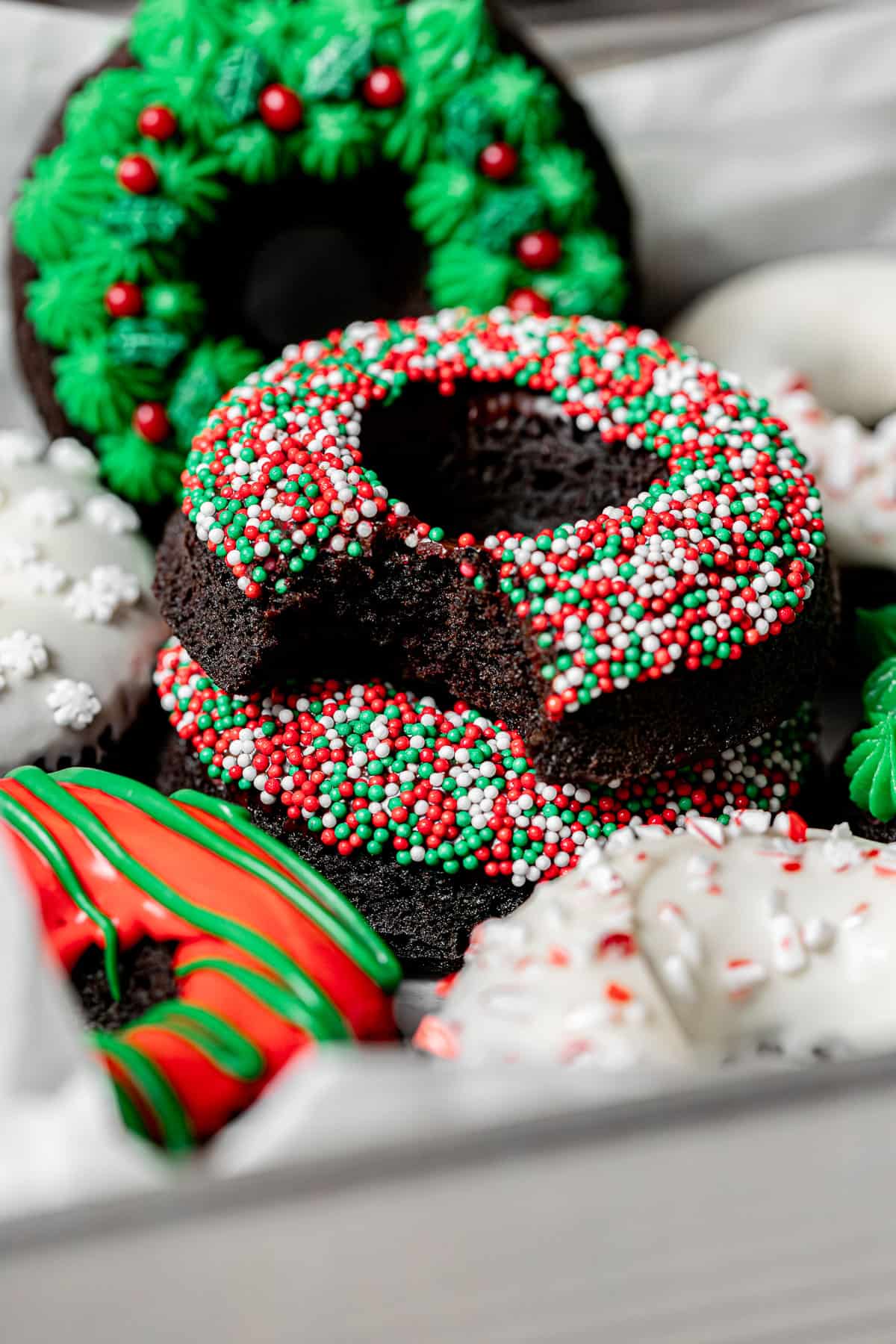 chocolate peppermint christmas donuts stacked. 